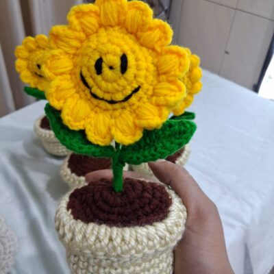 Handmade Crochet Smiley Sunflower Pot | Cotton Yarn Decorative Desk Planter