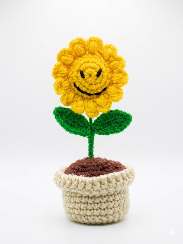 Handmade Crochet Smiley Sunflower Pot | Cotton Yarn Decorative Desk Planter - Image 2