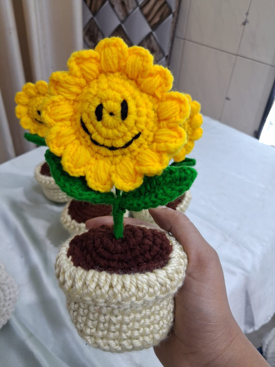 Handmade Crochet Smiley Sunflower Pot | Cotton Yarn Decorative Desk Planter